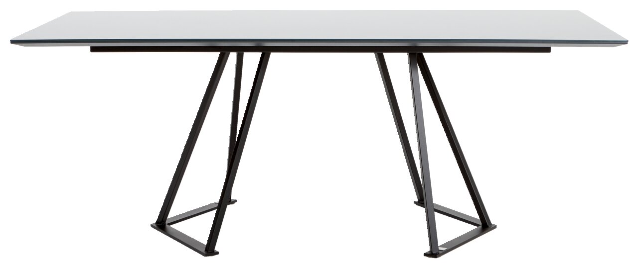 Moderner Esstisch mit rechteckiger Glasplatte und schwarzem Metallgestell, seitliche Perspektive