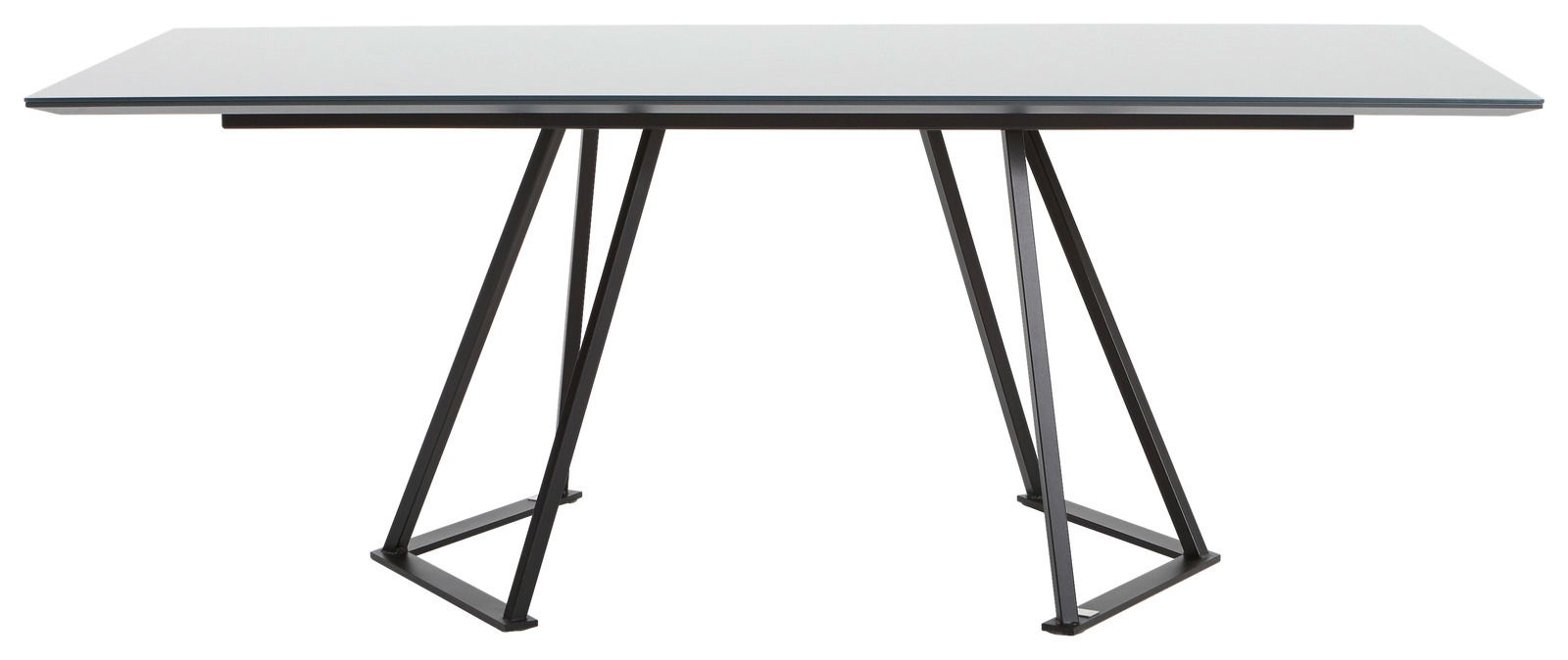 Moderner Esstisch mit rechteckiger Glasplatte und schwarzem Metallgestell, seitliche Perspektive
