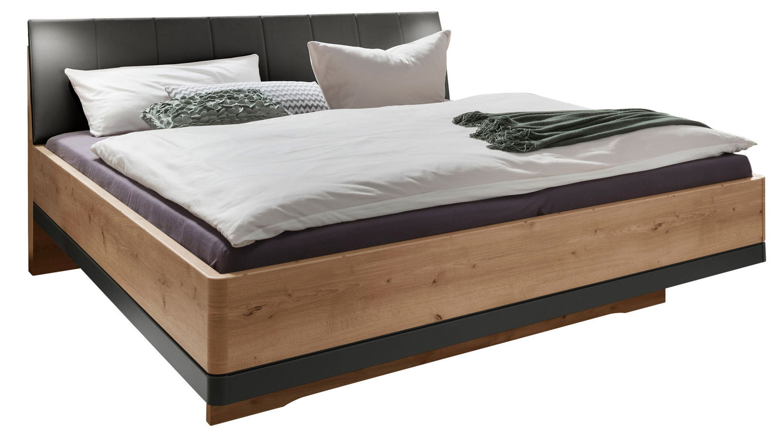 Futonbett mit Holzrahmen und gepolstertem Kopfteil, seitliche Perspektive