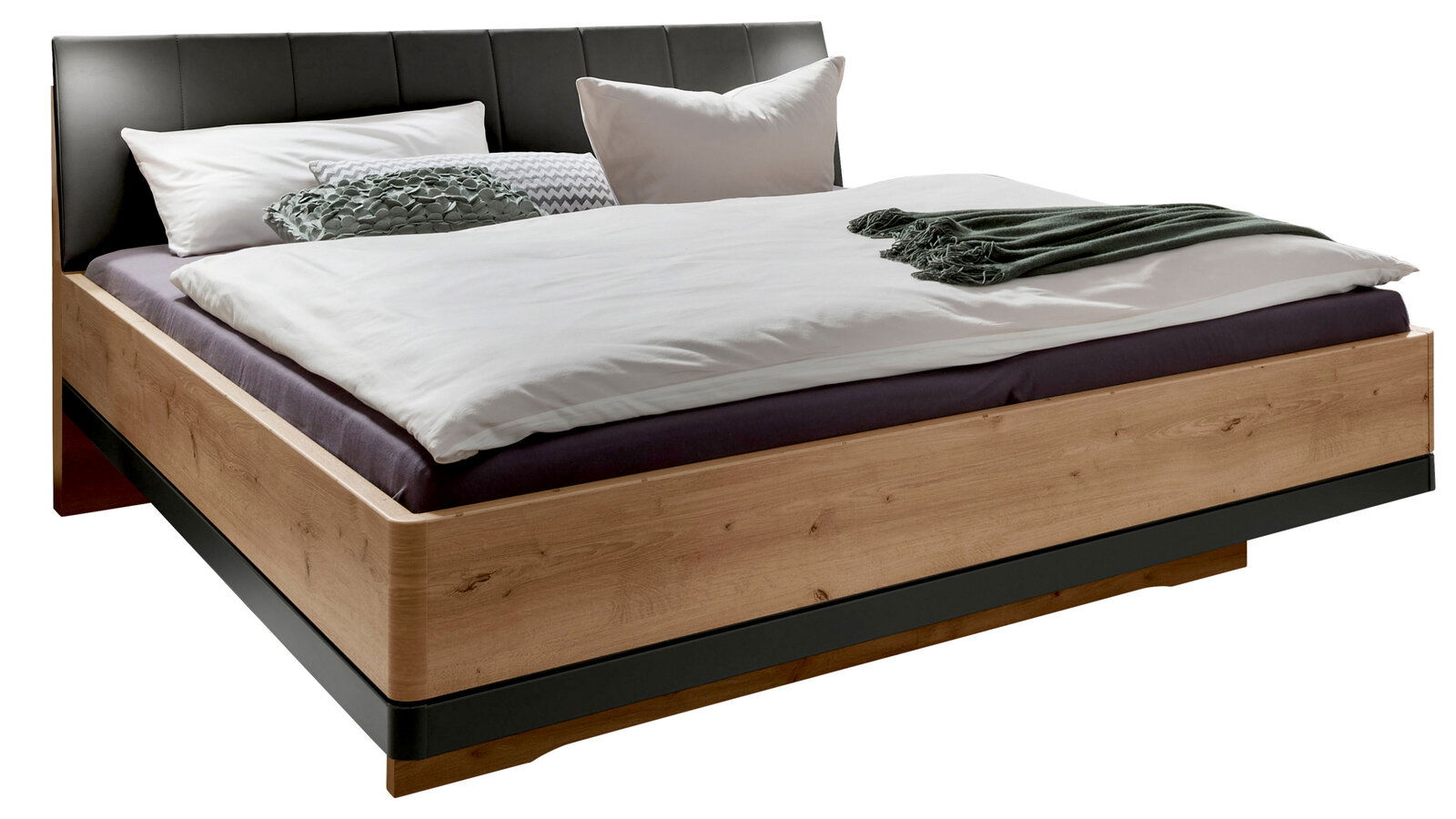 Futonbett mit Holzrahmen und gepolstertem Kopfteil, seitliche Perspektive