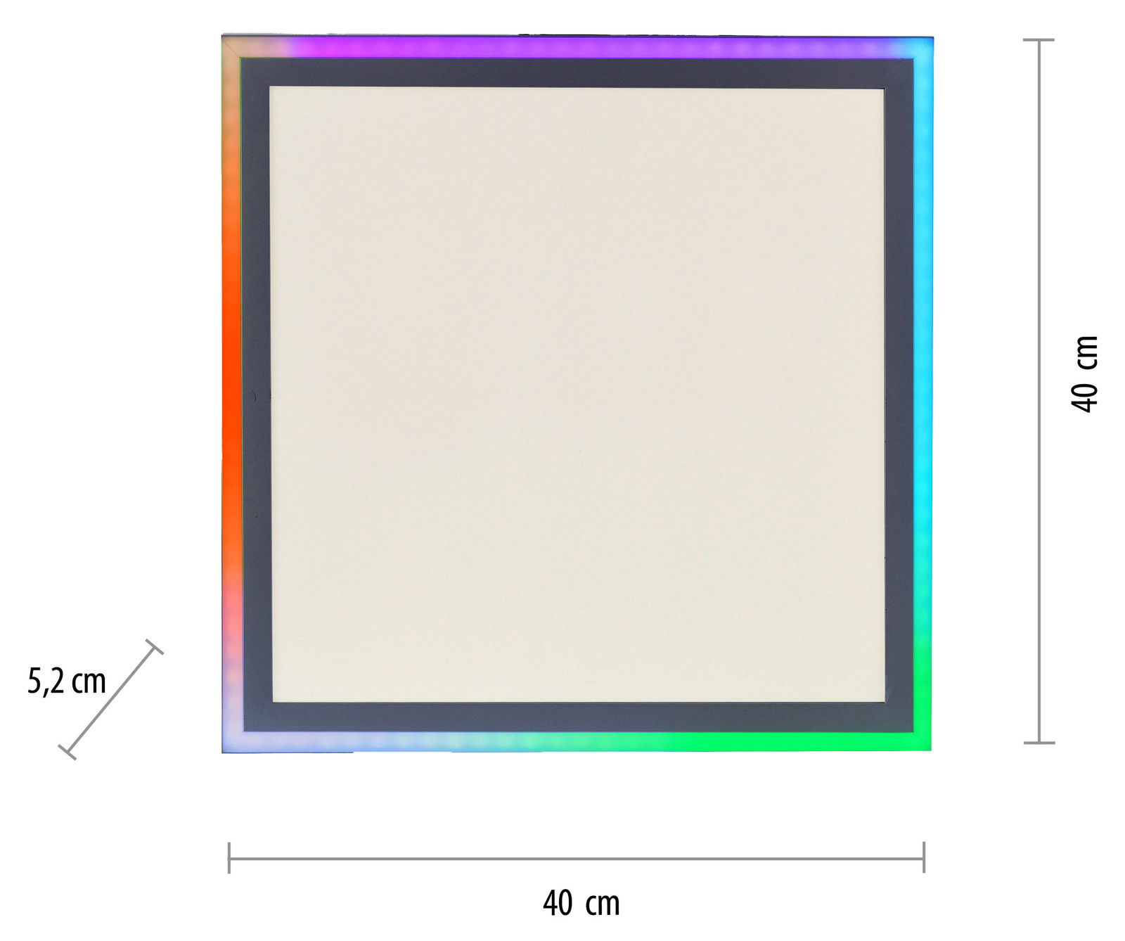 Quadratische Deckenleuchte mit RGB-Rahmen, Ansicht von vorne, Maße 40x40 cm