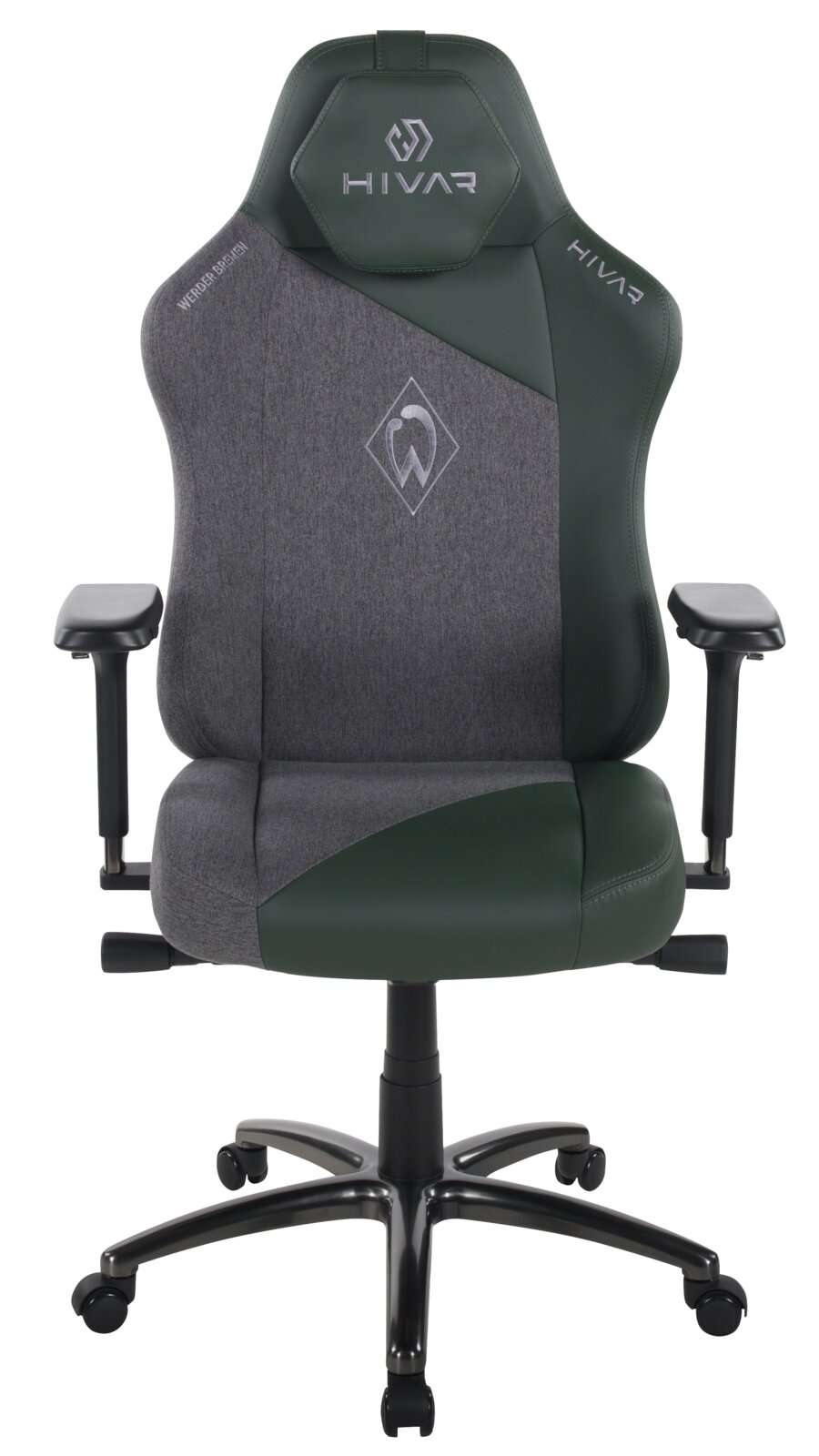 Frontansicht eines modernen Gaming-Stuhls in Grau und Grün mit Armlehnen und Rollen.