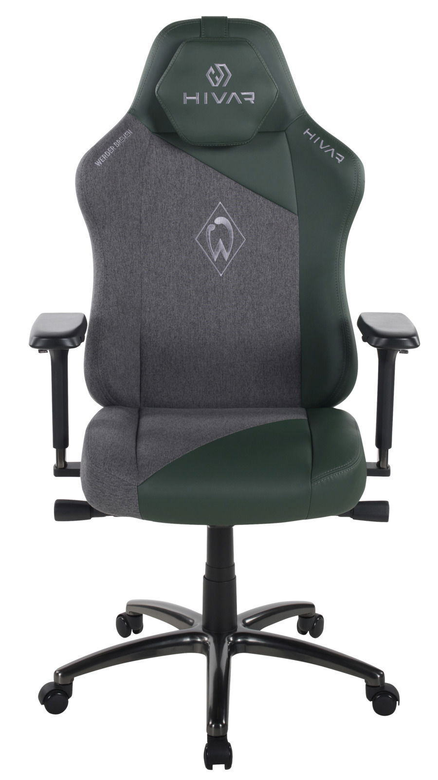 Frontansicht eines modernen Gaming-Stuhls in Grau und Grün mit Armlehnen und Rollen.