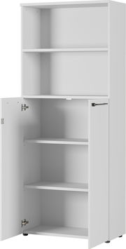 Weißer Aktenschrank mit offenen Türen, zwei Fächern oben und zwei Fächern unten, frontal betrachtet.