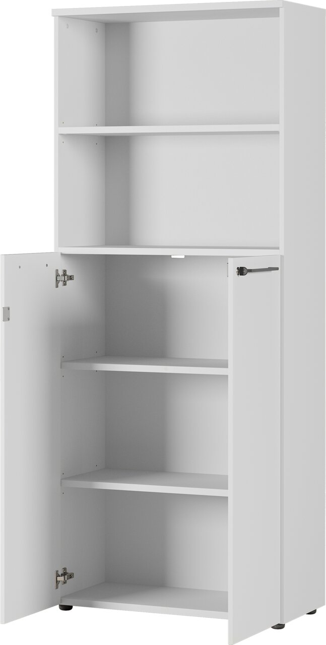 Witte archiefkast met open deuren, twee vakken boven en twee vakken onder, gezien vanaf de voorkant.