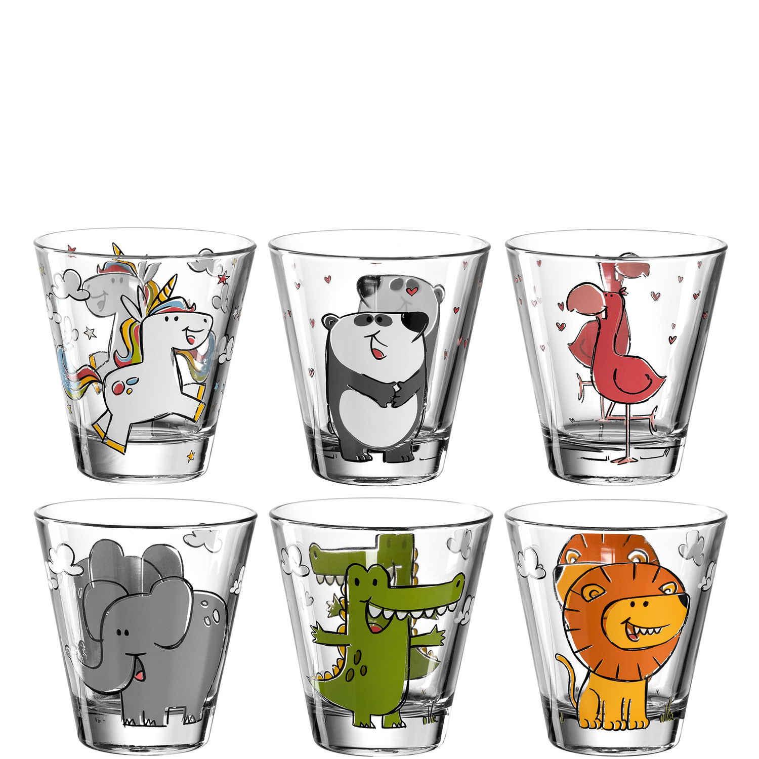 Sechsteiliges Kindergläserset BAMBINI mit bunten Tiermotiven, darunter Einhorn, Panda, Flamingo, Elefant, Krokodil und Löwe, aus der Frontalperspektive.