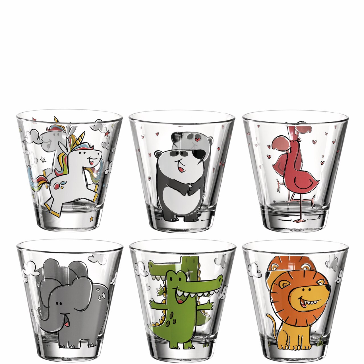 Sechsteiliges Kindergläserset BAMBINI mit bunten Tiermotiven, darunter Einhorn, Panda, Flamingo, Elefant, Krokodil und Löwe, aus der Frontalperspektive.