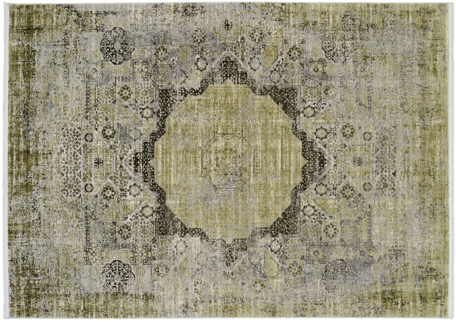 Grüner Designer-Teppich mit orientalischem Muster, Draufsicht