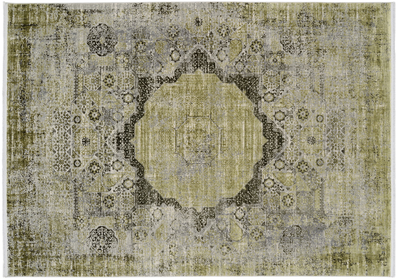 Grüner Designer-Teppich mit orientalischem Muster, Draufsicht