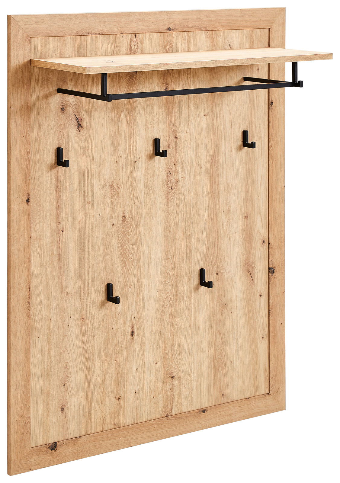 Wandpaneel aus Holz mit fünf schwarzen Haken und einem oberen Regalbrett, seitliche Perspektive