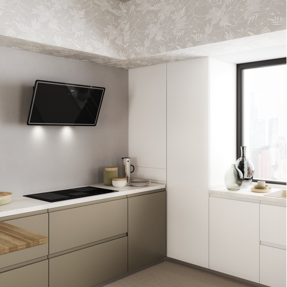 Moderne Kopffrei-Haube in einer stilvollen Küche, seitliche Perspektive