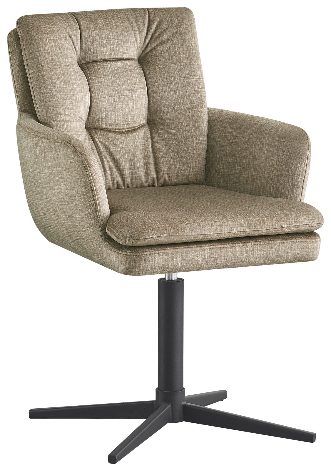 Novel Armlehnstuhl INGO Beiger Armlehnstuhl mit gepolsterter Sitzfläche und Rückenlehne, auf einem schwarzen Drehgestell, seitliche Perspektive