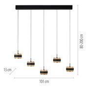 LED-Pendelleuchte mit fünf hängenden Leuchten, schwarze und goldene Akzente, frontale Ansicht, verstellbare Höhe von 80 bis 200 cm, Breite 101 cm, Höhe der Leuchten 13 cm.