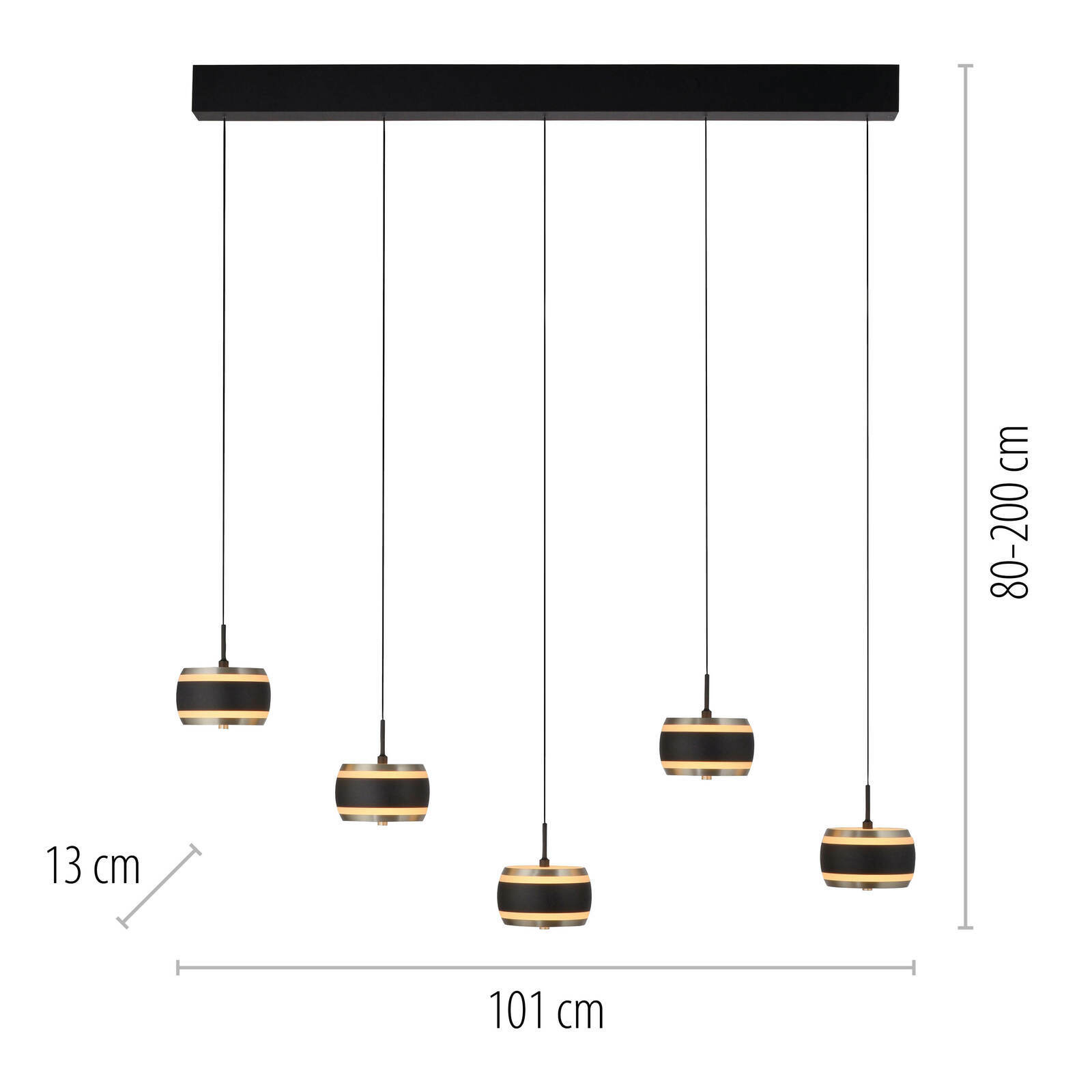 LED-Pendelleuchte mit fünf hängenden Leuchten, schwarze und goldene Akzente, frontale Ansicht, verstellbare Höhe von 80 bis 200 cm, Breite 101 cm, Höhe der Leuchten 13 cm.