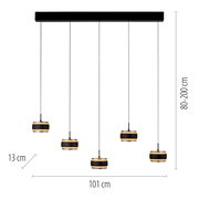 LED-Pendelleuchte mit fünf hängenden Leuchten, schwarze und goldene Akzente, frontale Ansicht, verstellbare Höhe von 80 bis 200 cm, Breite 101 cm, Höhe der Leuchten 13 cm.