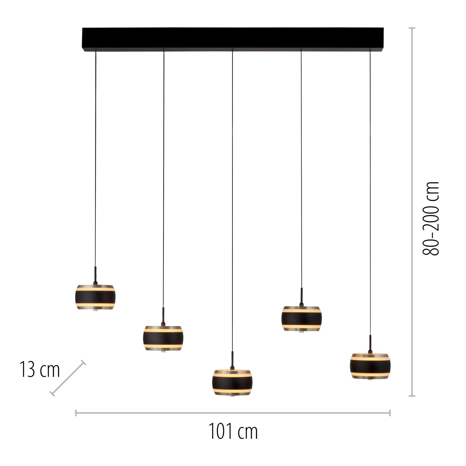 LED-hanglamp met vijf hangende lampen, zwarte en gouden accenten, vooraanzicht, verstelbare hoogte van 80 tot 200 cm, breedte 101 cm, hoogte van de lampen 13 cm.