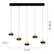 LED-hanglamp met vijf hangende lampen, zwarte en gouden accenten, vooraanzicht, verstelbare hoogte van 80 tot 200 cm, breedte 101 cm, hoogte van de lampen 13 cm.