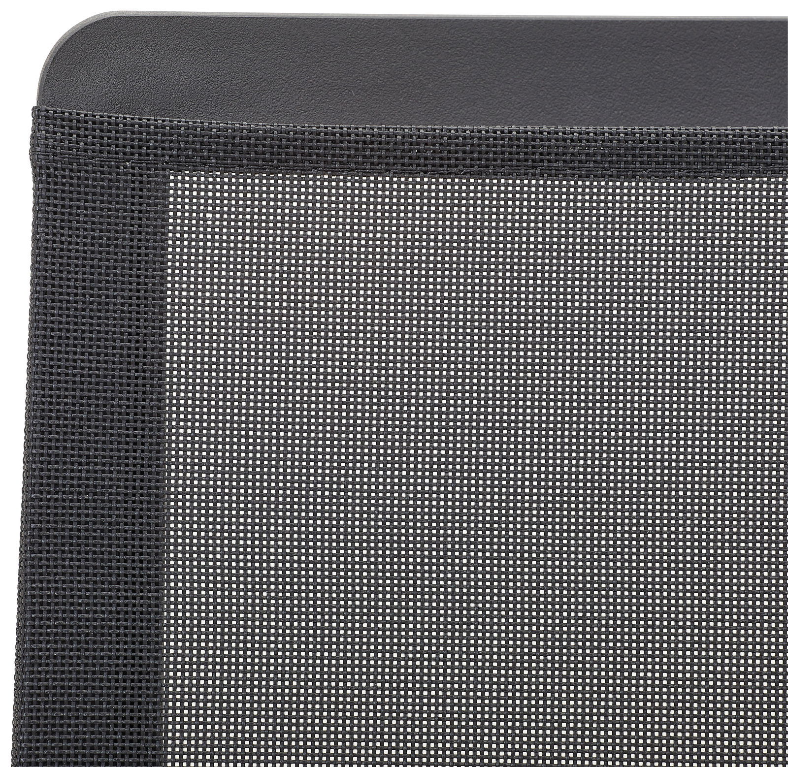 Rückansicht eines Drehstuhls mit schwarzem Netzrücken und gepolstertem oberen Rand.