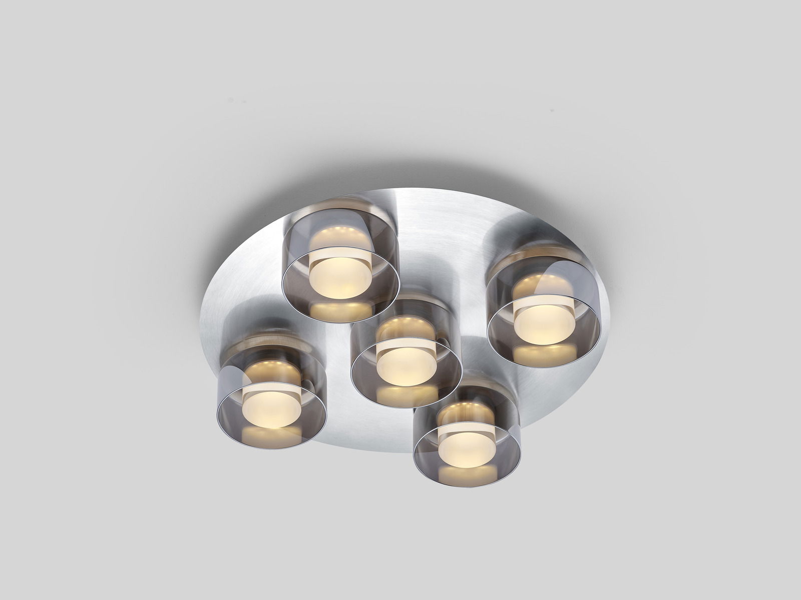 Hell LED-Deckenleuchte DUNE Moderne LED-Deckenleuchte mit fünf runden Leuchtelementen, Ansicht von unten.