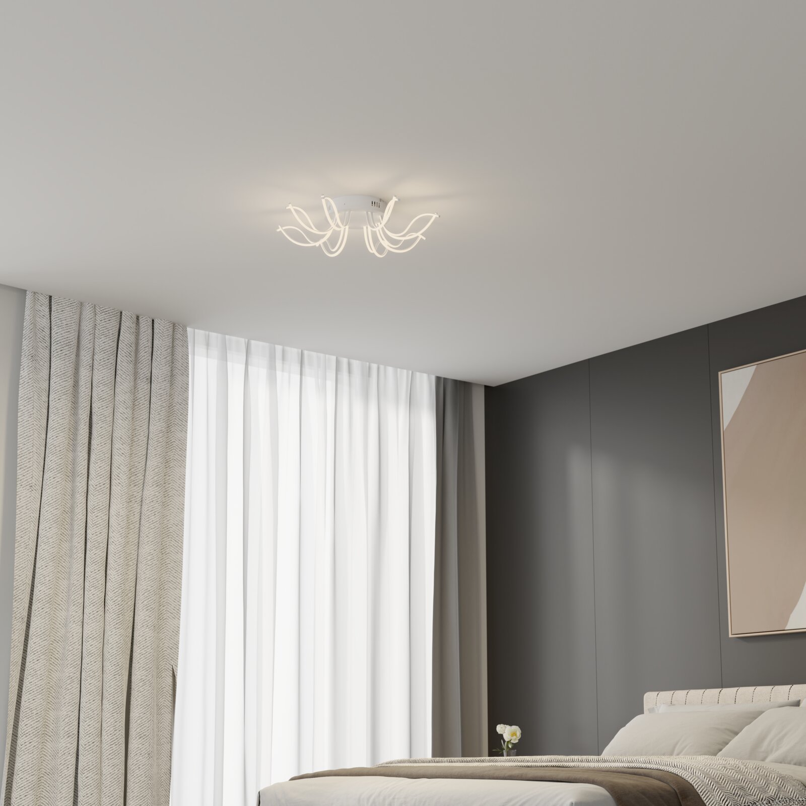 Novel LED-Deckenleuchte DECKENLEUCHTE Moderne weiße LED-Deckenleuchte mit geschwungenen Lichtschlaufen an der Zimmerdecke, warme Beleuchtung im Schlafzimmer, Ansicht leicht von unten