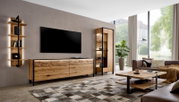 Modernes Wohnzimmer mit TV-Wand: Lowboard und Vitrine aus Massivholz mit schwarzem Metallrahmen, Wandregal und Couchtisch; Perspektive: frontale, leicht seitliche Weitwinkelansicht.