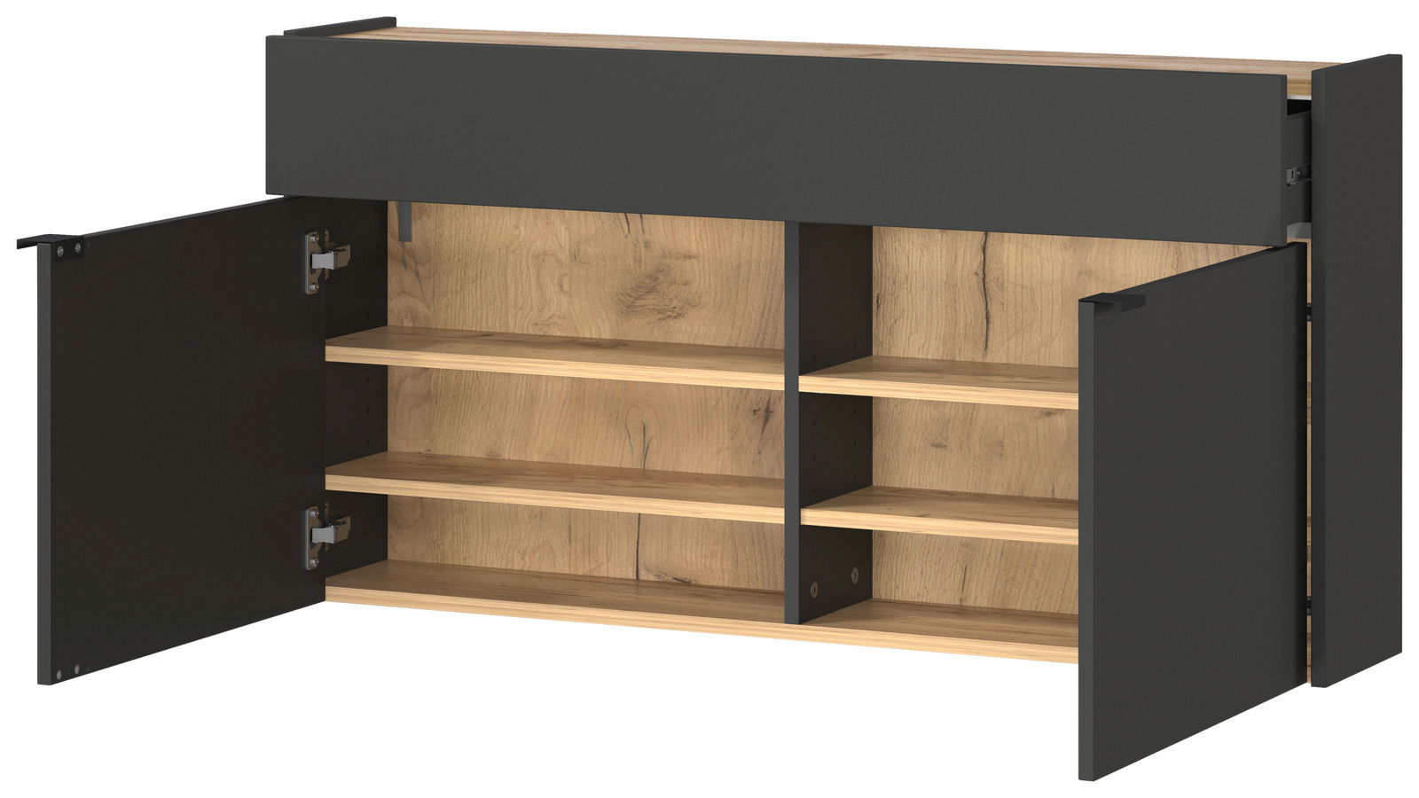 Moderner Hängeschuhschrank in Holzoptik mit offenen Türen, zeigt mehrere Regalböden. Frontalansicht.