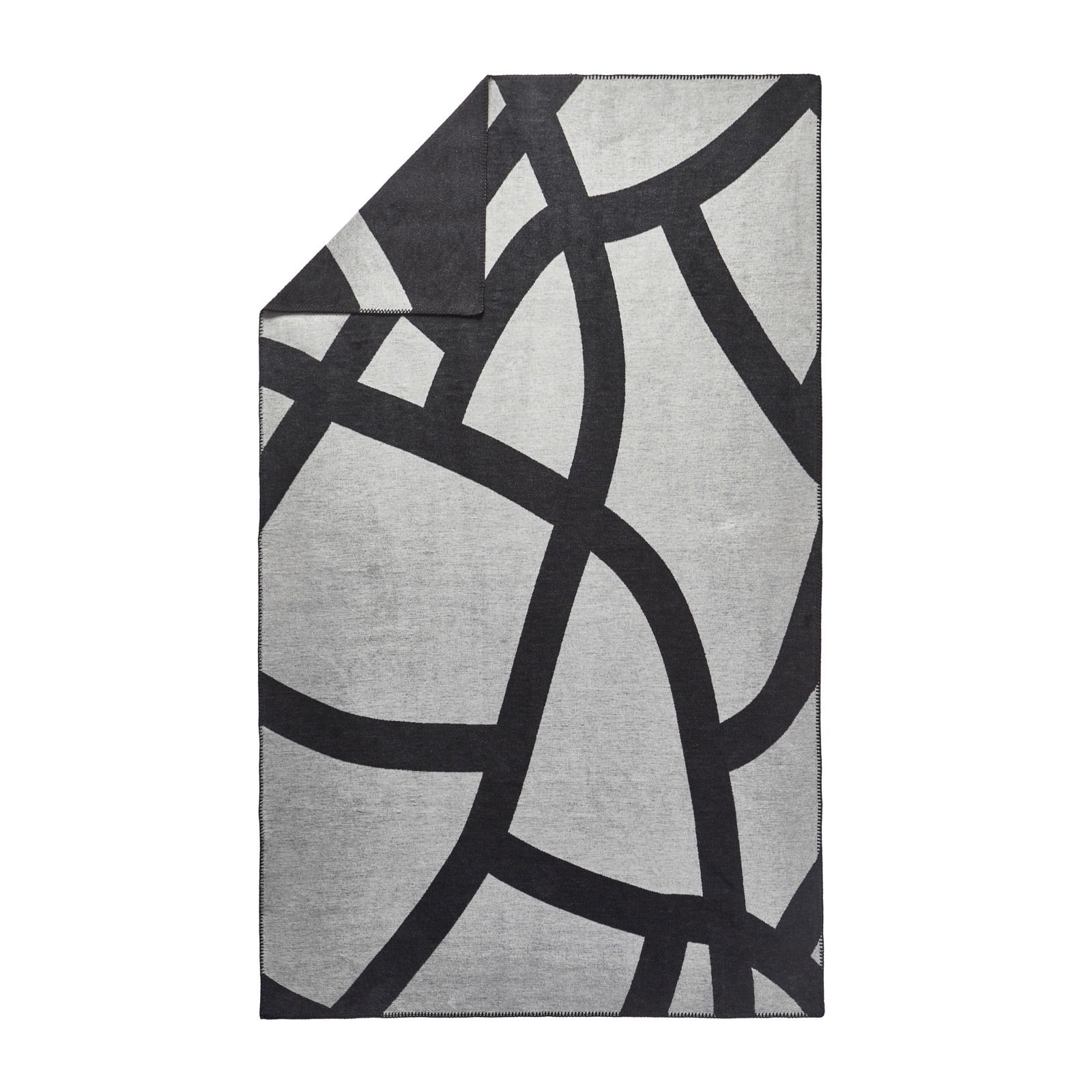 Dieter Knoll Wohndecke Wohndecke mit abstraktem, schwarzem Linienmuster auf grauem Hintergrund, von oben betrachtet.