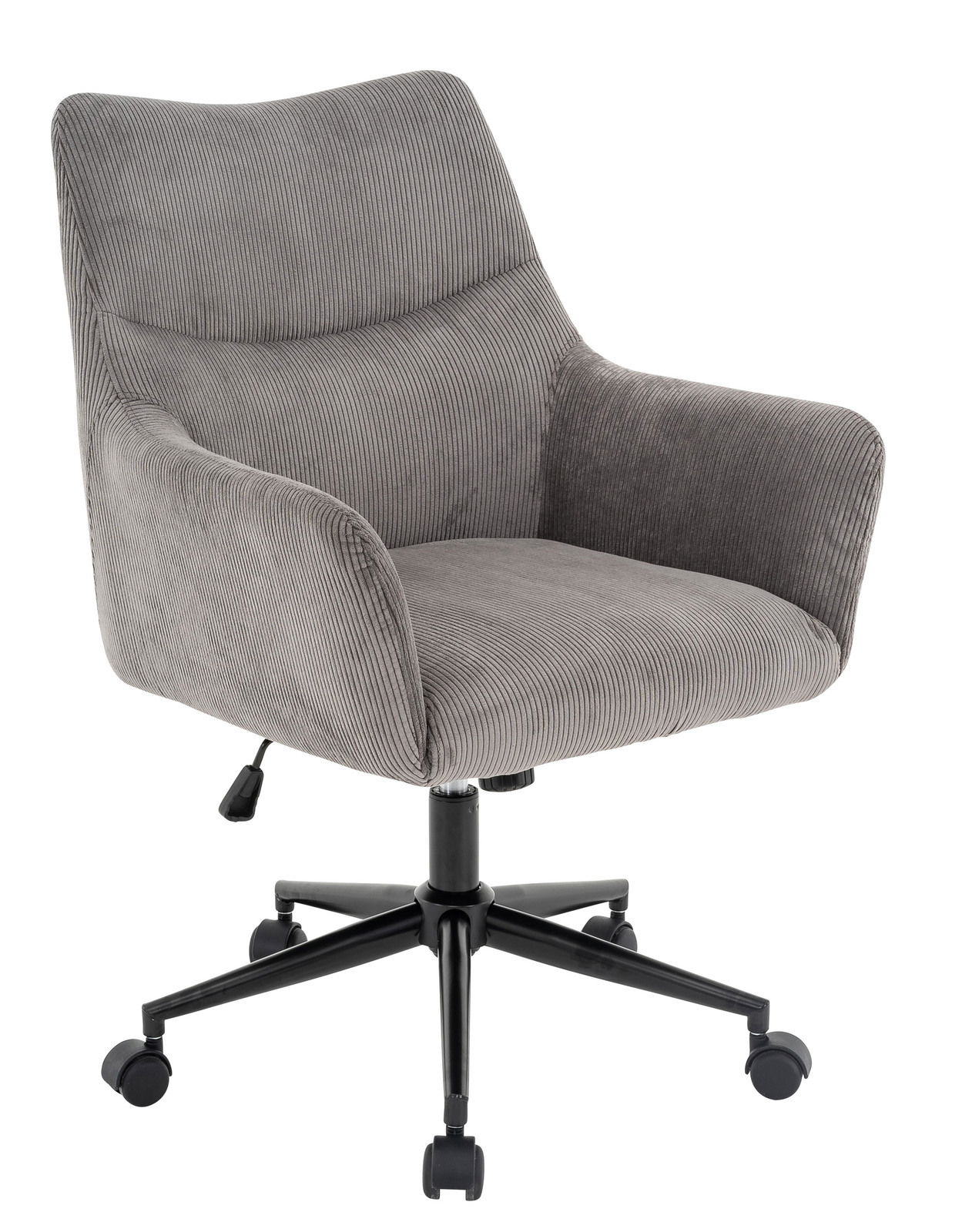 Grauer Drehstuhl mit Armlehnen und Rollen, Vorderansicht