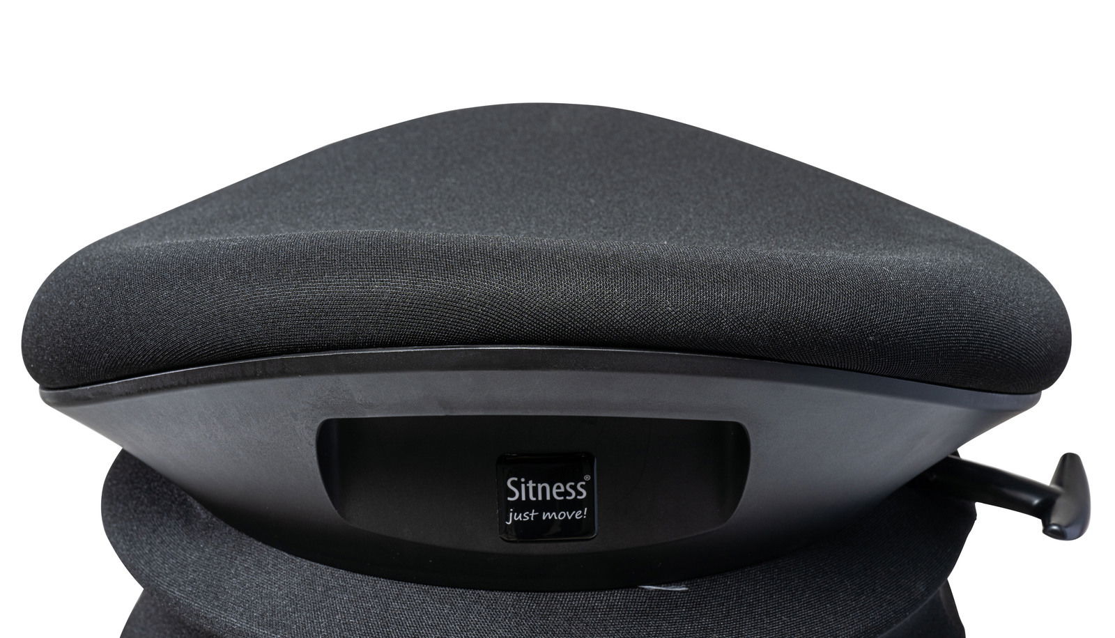Nahaufnahme eines schwarzen Schwinghockers von vorne, mit der Aufschrift 'Sitness just move!'