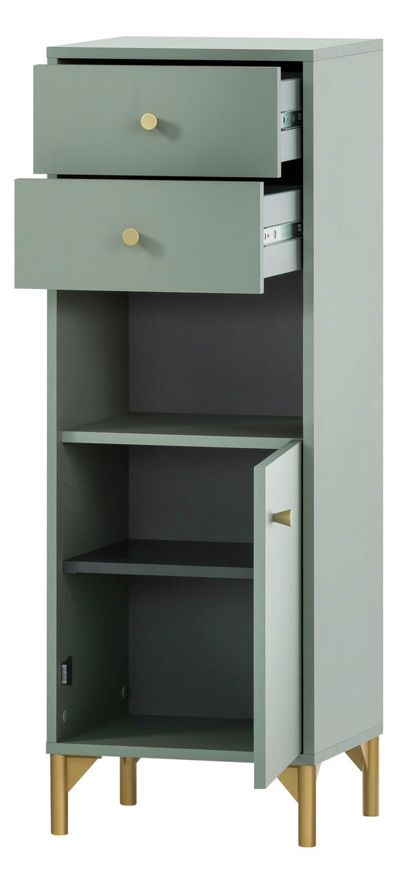 Graues Highboard mit zwei offenen Schubladen und einer offenen Tür, goldene Griffe und Beine, Frontalansicht.