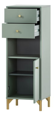 Graues Highboard mit zwei offenen Schubladen und einer offenen Tür, goldene Griffe und Beine, Frontalansicht.
