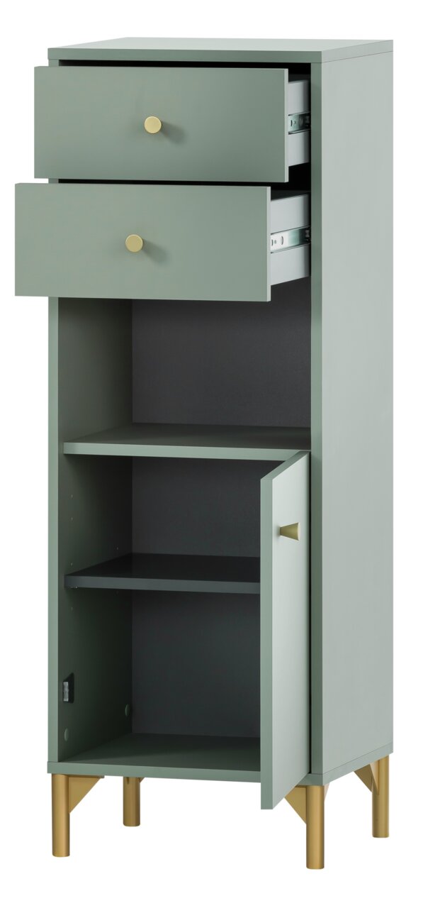 Stylife Highboard ANDO Graues Highboard mit zwei offenen Schubladen und einer offenen Tür, goldene Griffe und Beine, Frontalansicht.