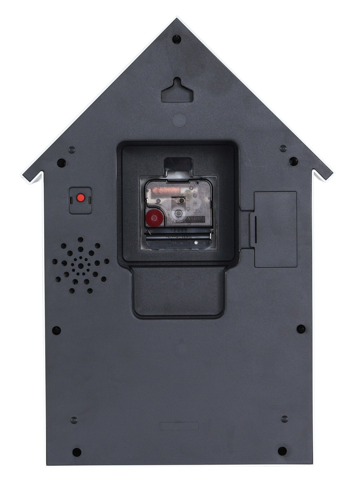 Rückansicht einer Wanduhr in Form eines Hauses mit sichtbarem Uhrwerk und Lautsprecher.