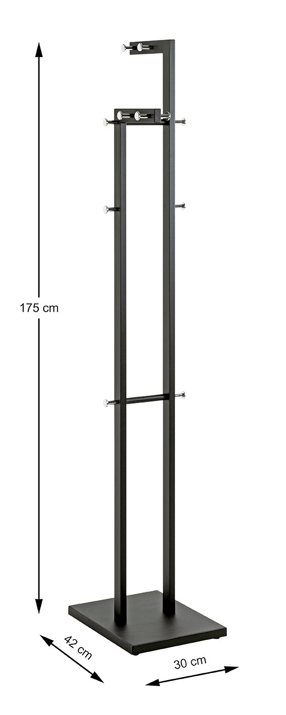 Schwarzer freistehender Metallständer mit zwei vertikalen Pfosten und mehreren verstellbaren Haltebolzen, Maße ca. 175 cm hoch, Standplatte 42 x 30 cm, frontal in leichter Seitenansicht auf weißem Hintergrund.