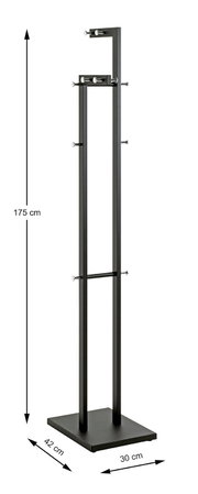 Schwarzer freistehender Metallständer mit zwei vertikalen Pfosten und mehreren verstellbaren Haltebolzen, Maße ca. 175 cm hoch, Standplatte 42 x 30 cm, frontal in leichter Seitenansicht auf weißem Hintergrund.