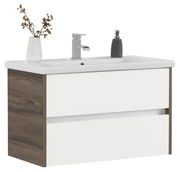 Moderner Waschtisch mit weißer Keramikoberfläche, Holzseiten und zwei Schubladen, seitliche Perspektive