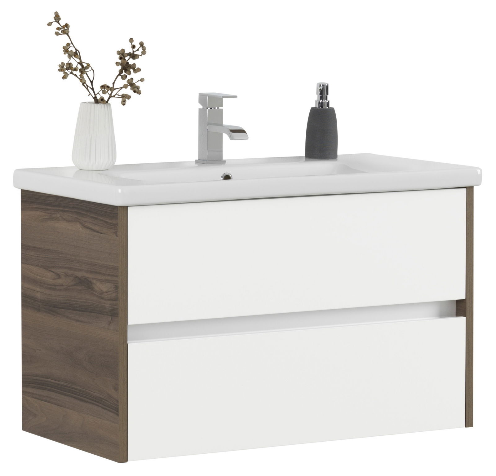 Moderner Waschtisch mit weißer Keramikoberfläche, Holzseiten und zwei Schubladen, seitliche Perspektive