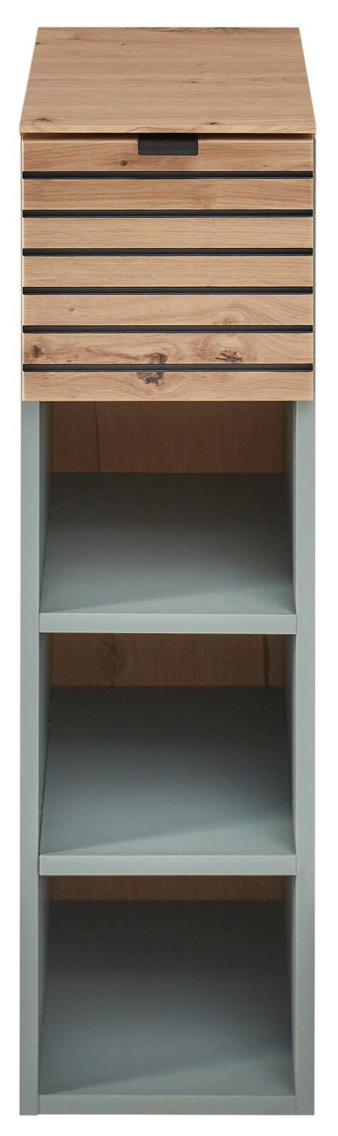 Frontale Ansicht eines modernen Hängeregals mit Holzoptik und offenen Fächern.