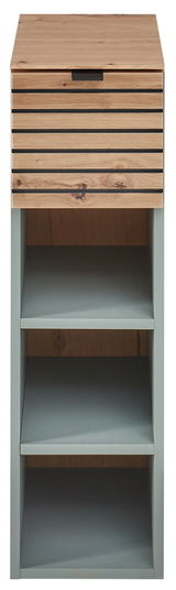 Frontale Ansicht eines modernen Hängeregals mit Holzoptik und offenen Fächern.