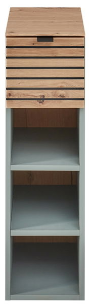 Frontale Ansicht eines modernen Hängeregals mit Holzoptik und offenen Fächern.