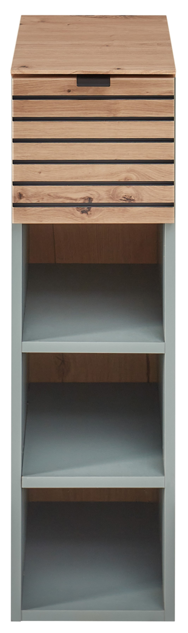 Frontale Ansicht eines modernen Hängeregals mit Holzoptik und offenen Fächern.