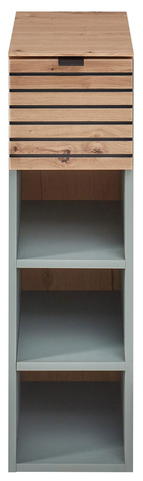 Frontale Ansicht eines modernen Hängeregals mit Holzoptik und offenen Fächern.