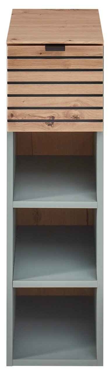 Frontale Ansicht eines modernen Hängeregals mit Holzoptik und offenen Fächern.