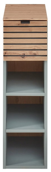 Frontale Ansicht eines modernen Hängeregals mit Holzoptik und offenen Fächern.