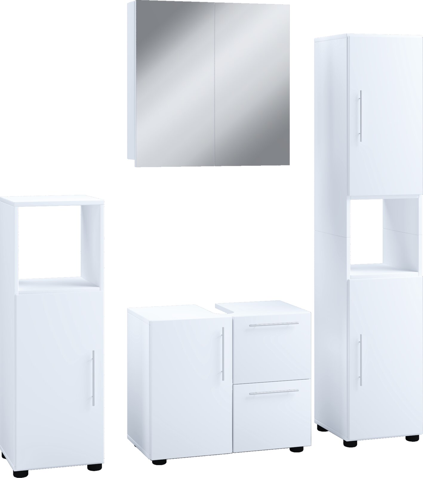 Weißes Badezimmermöbel-Set mit Spiegelschrank, Hochschrank, Waschbeckenunterschrank und Unterschrank, freigestellt auf weißem Hintergrund, Ansicht von vorne