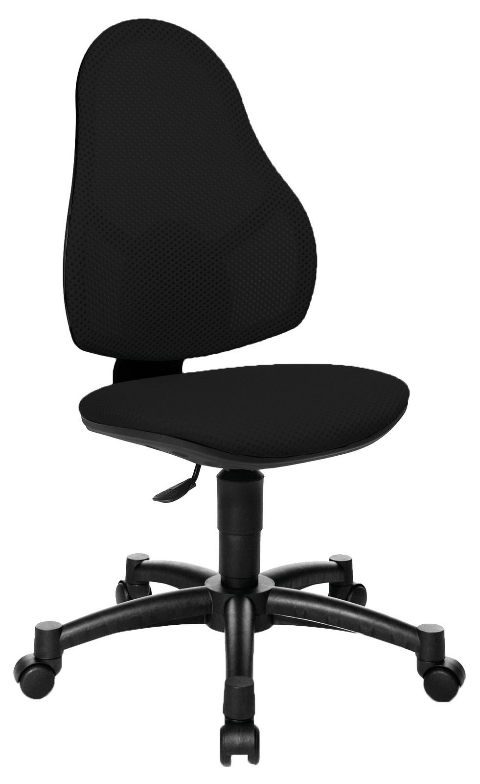 Schwarzer Drehstuhl mit ergonomischer Rückenlehne und fünf Rollen, seitliche Perspektive