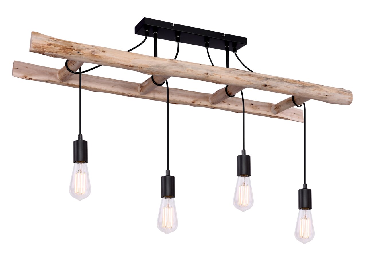 Globo Lighting Deckenleuchte IRMGARD Moderne Deckenleuchte mit vier hängenden Glühbirnen an einem rustikalen Holzgestell, seitliche Perspektive.