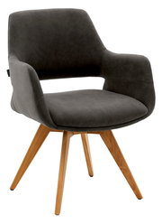 Grauer Armlehnstuhl mit Holzbeinen, seitliche Perspektive