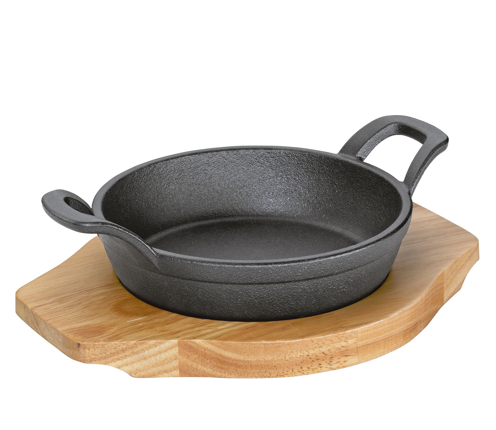 KÜCHENPROFI Servierpfanne BBQ Gusseiserne Servierpfanne mit Griffen auf einem Holzbrett, seitliche Perspektive