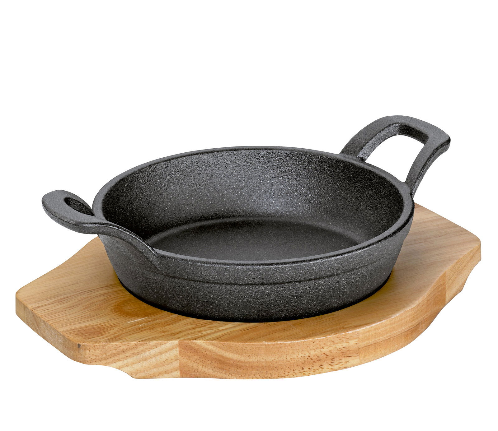 KÜCHENPROFI Servierpfanne BBQ Gusseiserne Servierpfanne mit Griffen auf einem Holzbrett, seitliche Perspektive